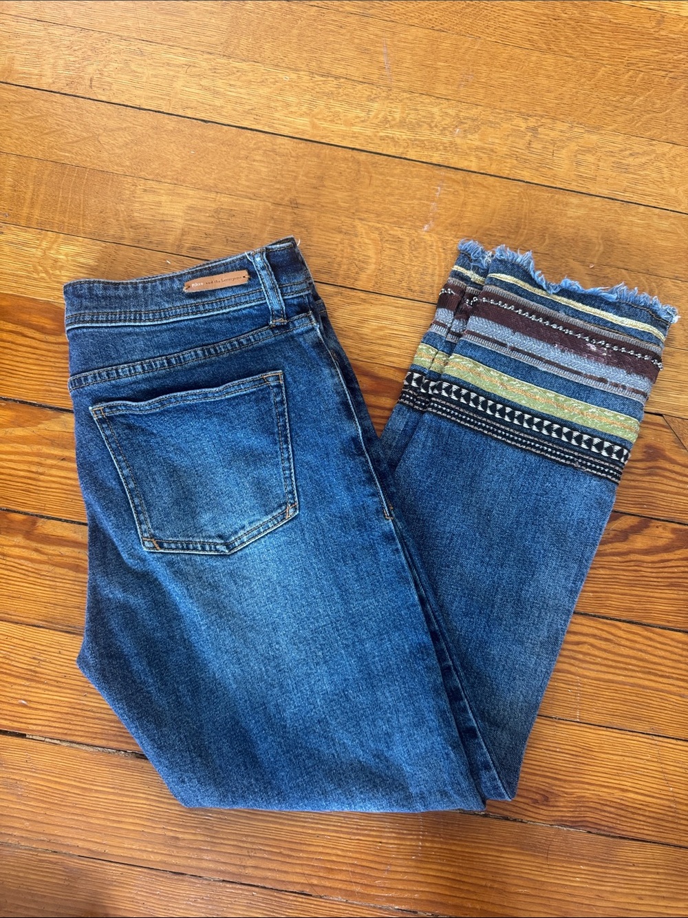 Anthropologie Blue Denim Ankle Jeans with Multicolor Frayed Cuff